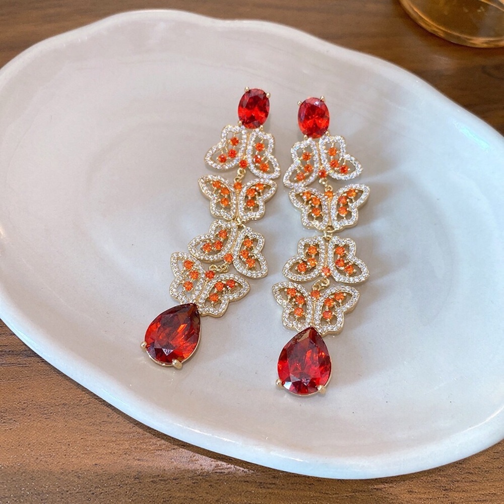 Elegant Red Crystal Drop Butterfly Earrings - Women Jewelry